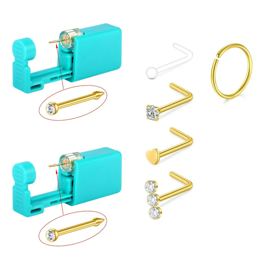 Nose Piercing Kit 7pcs - Disposable Gun & Stud Set, Stainless Steel Jewelry