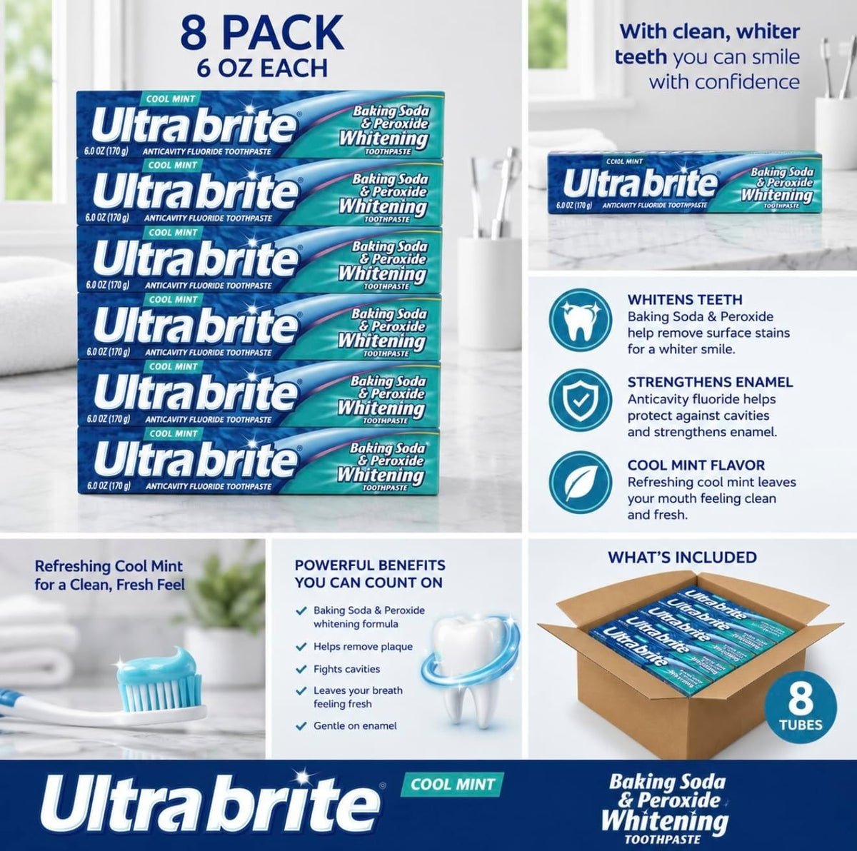 Ultra Brite Advanced Whitening Toothpaste with Fluoride - Clean Mint, 6 oz Pack of 8