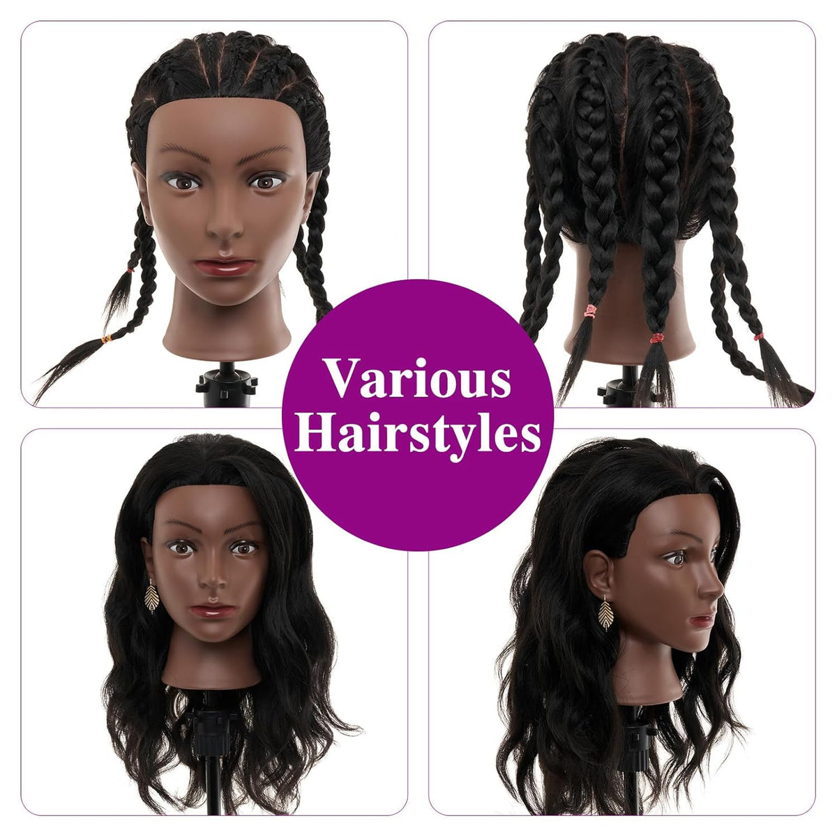 Human Hair Mannequin Head with Stand for Hair Styling and Practice