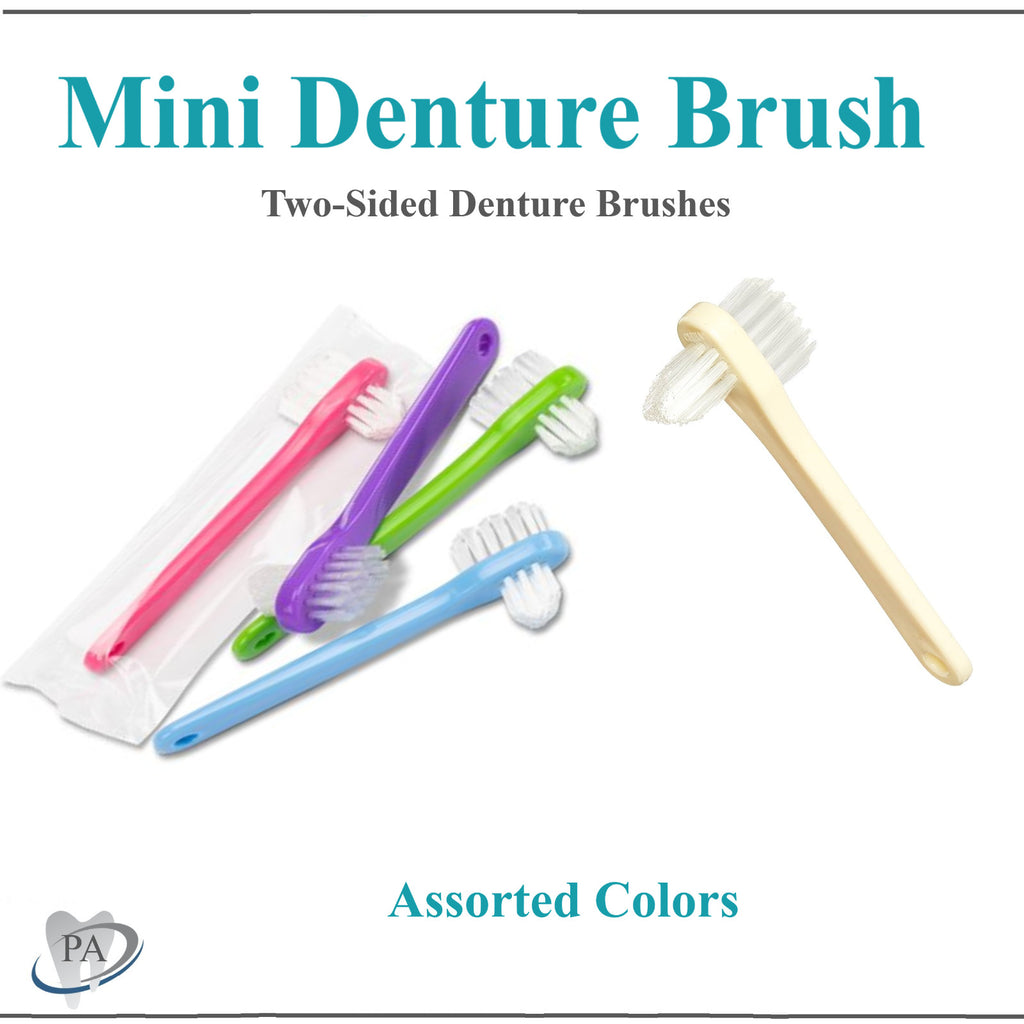 Mini Denture Brush Set - 2-Sided Bristle Dental Cleaning Case in Assorted Colors