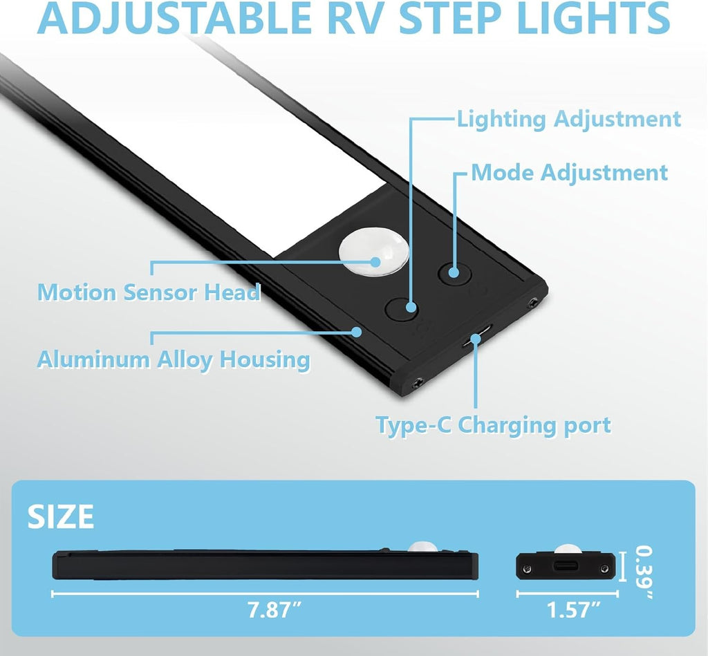 Motion Activated RV Step Lights 2 Pack USB Rechargeable 48 LED Black
