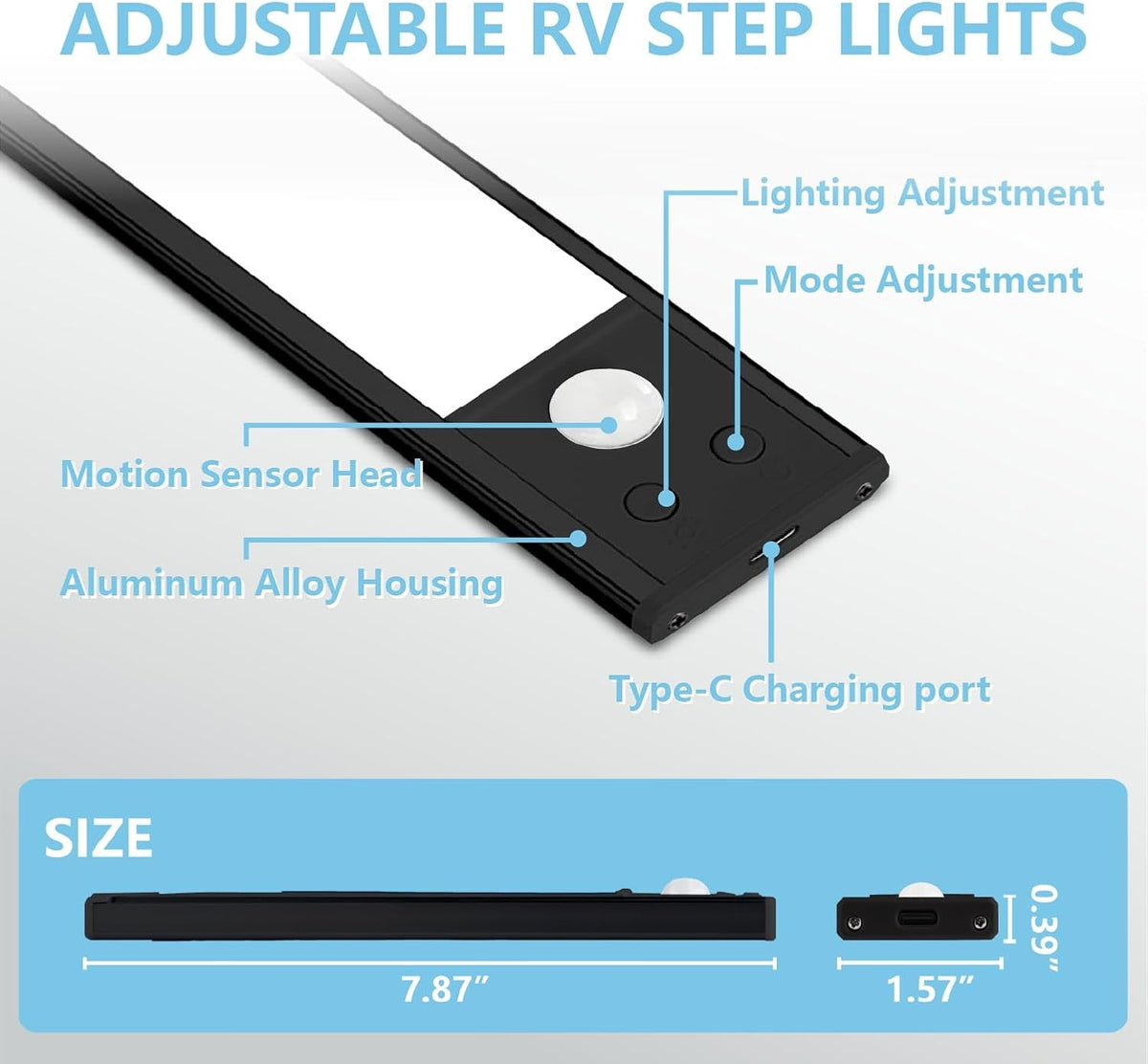 Motion Activated RV Step Lights 2 Pack USB Rechargeable 48 LED Black