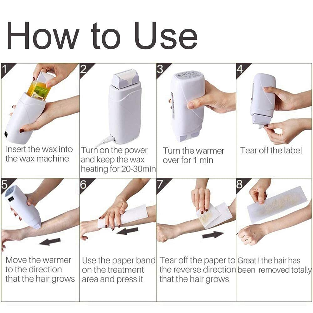 Depilatory Wax Heater Roller Kit with Cartridges & Strips for Hair Removal