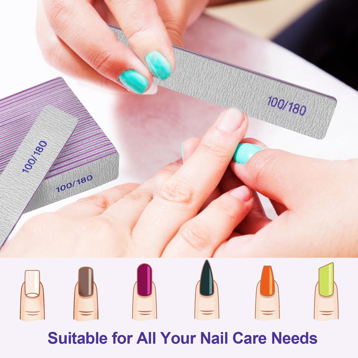 Professional Double-Sided Nail Files 100/180 Grit for Natural & Acrylic Nails