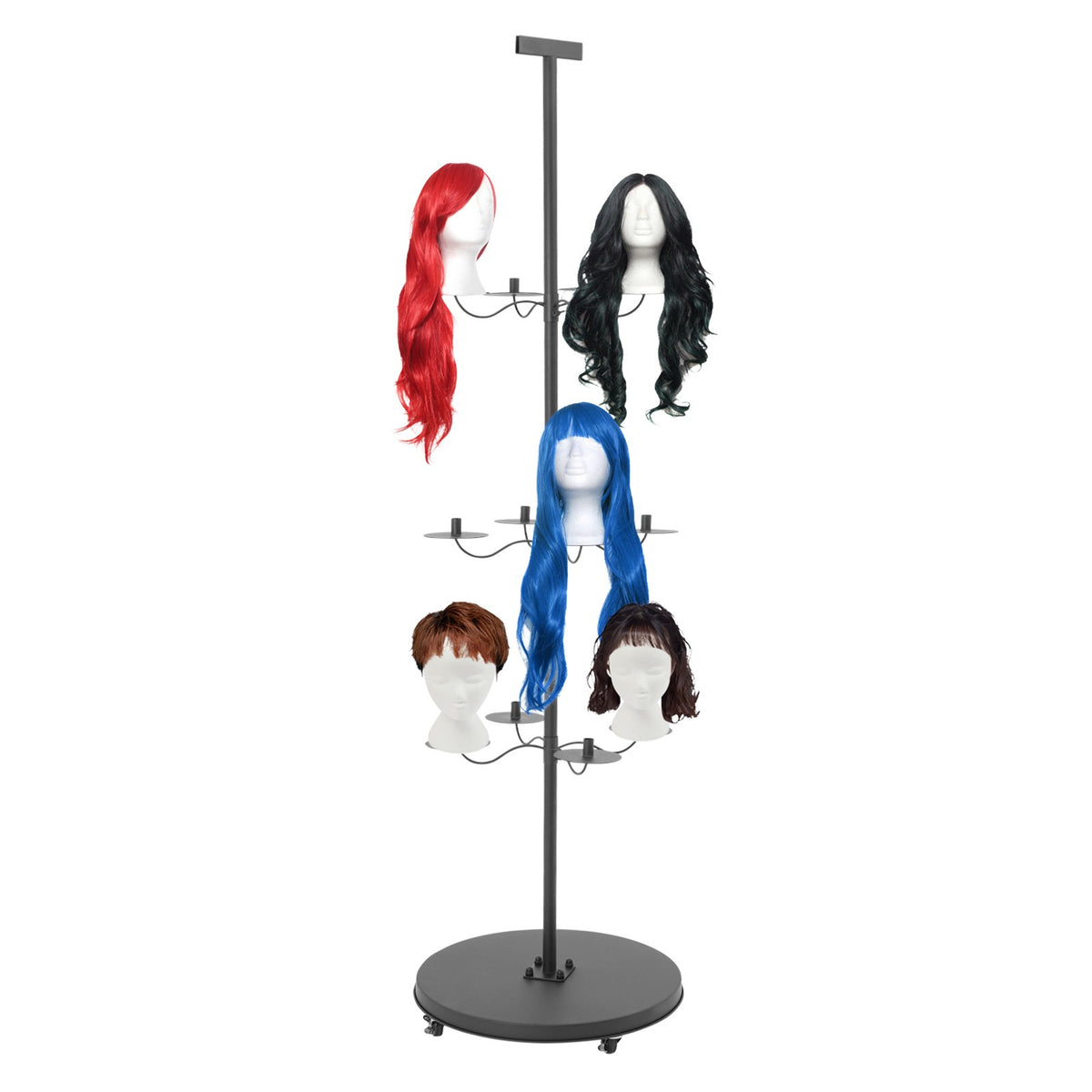 12 Head Wig Display Rack Adjustable Stand with Lockable Wheels
