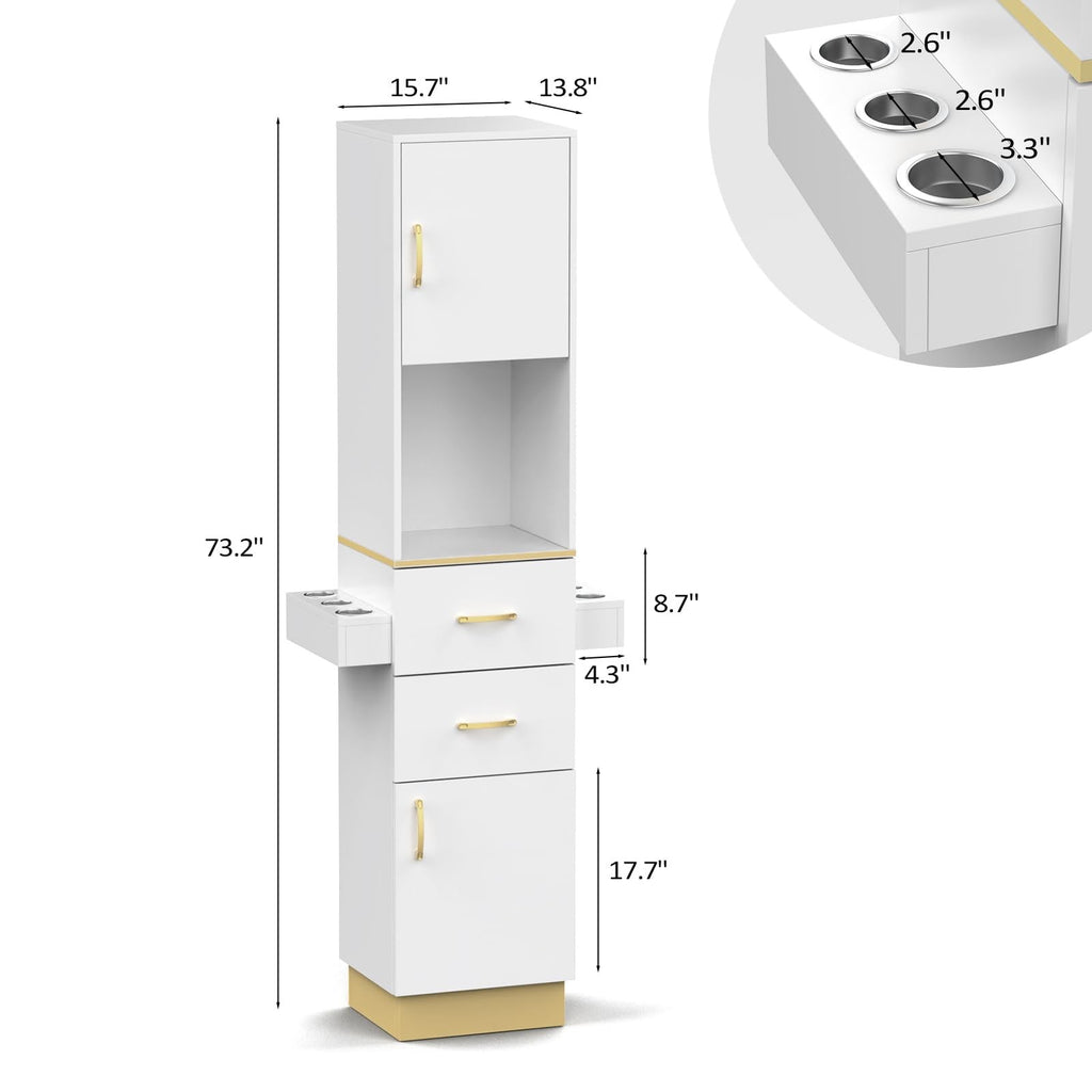 Salon Storage Station with 2 Drawers & 6 Hair Dryer Holders - White Gold