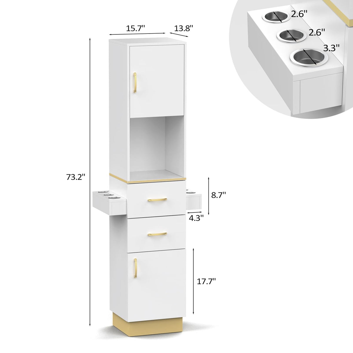 Salon Storage Station with 2 Drawers & 6 Hair Dryer Holders - White Gold