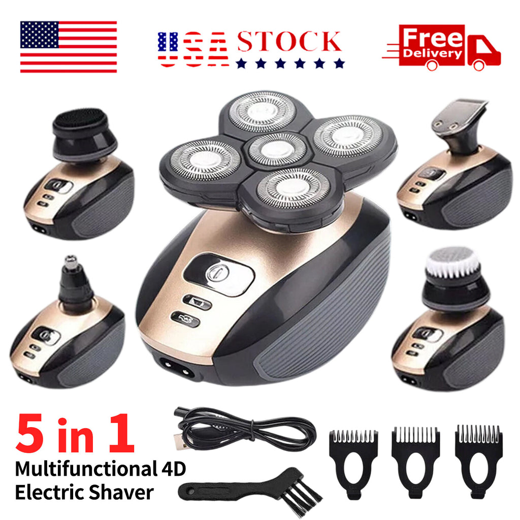 5-in-1 Rotary Electric Shaver for Bald Head and Face Trimming, Rechargeable