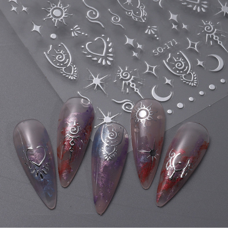 Retro Star Moon Metallic Nail Stickers - Gold Silver Laser 3D Nail Art