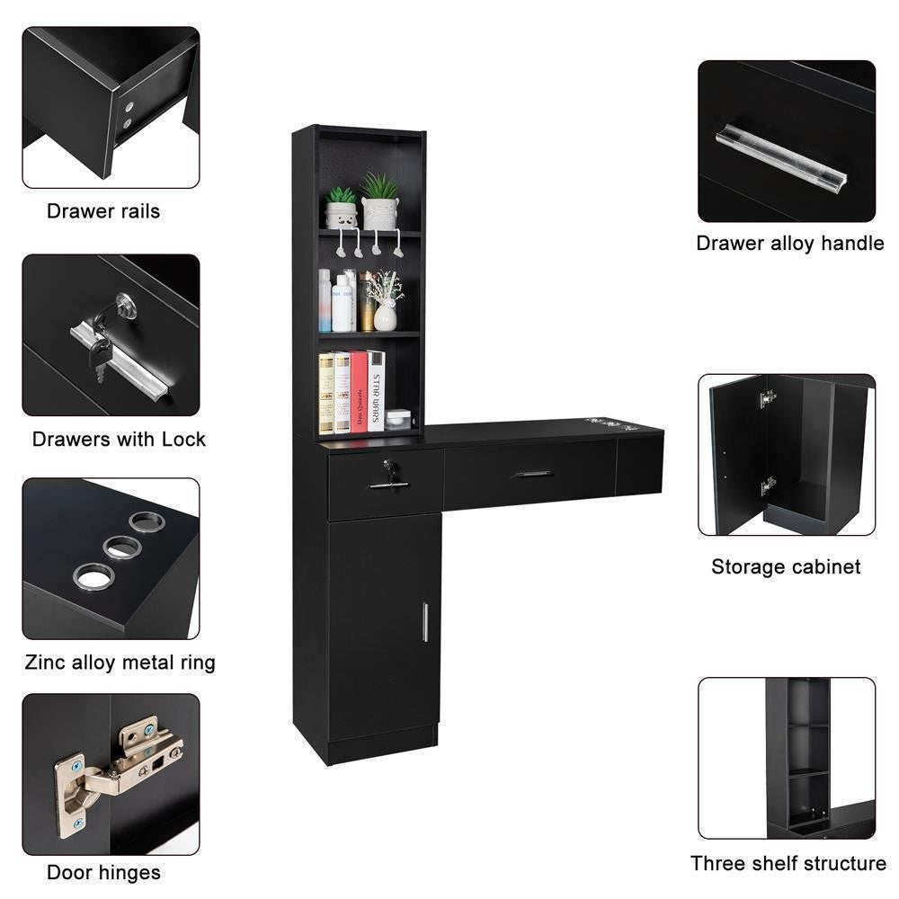 Wall Mount Hair Styling Salon Station with Locking Drawers and Shelves