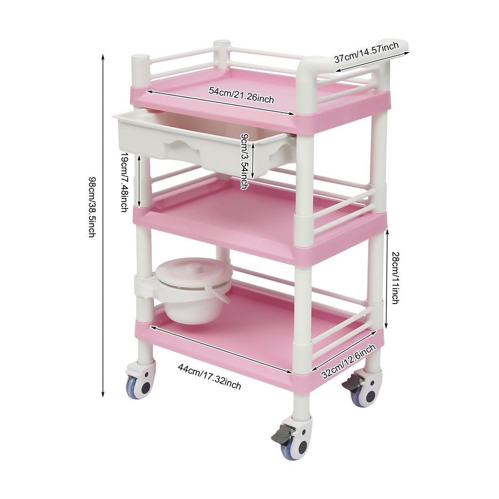 Salon Trolley Cart with 3 Tiers, Drawer & Waste Bin - Rolling Spa Organizer