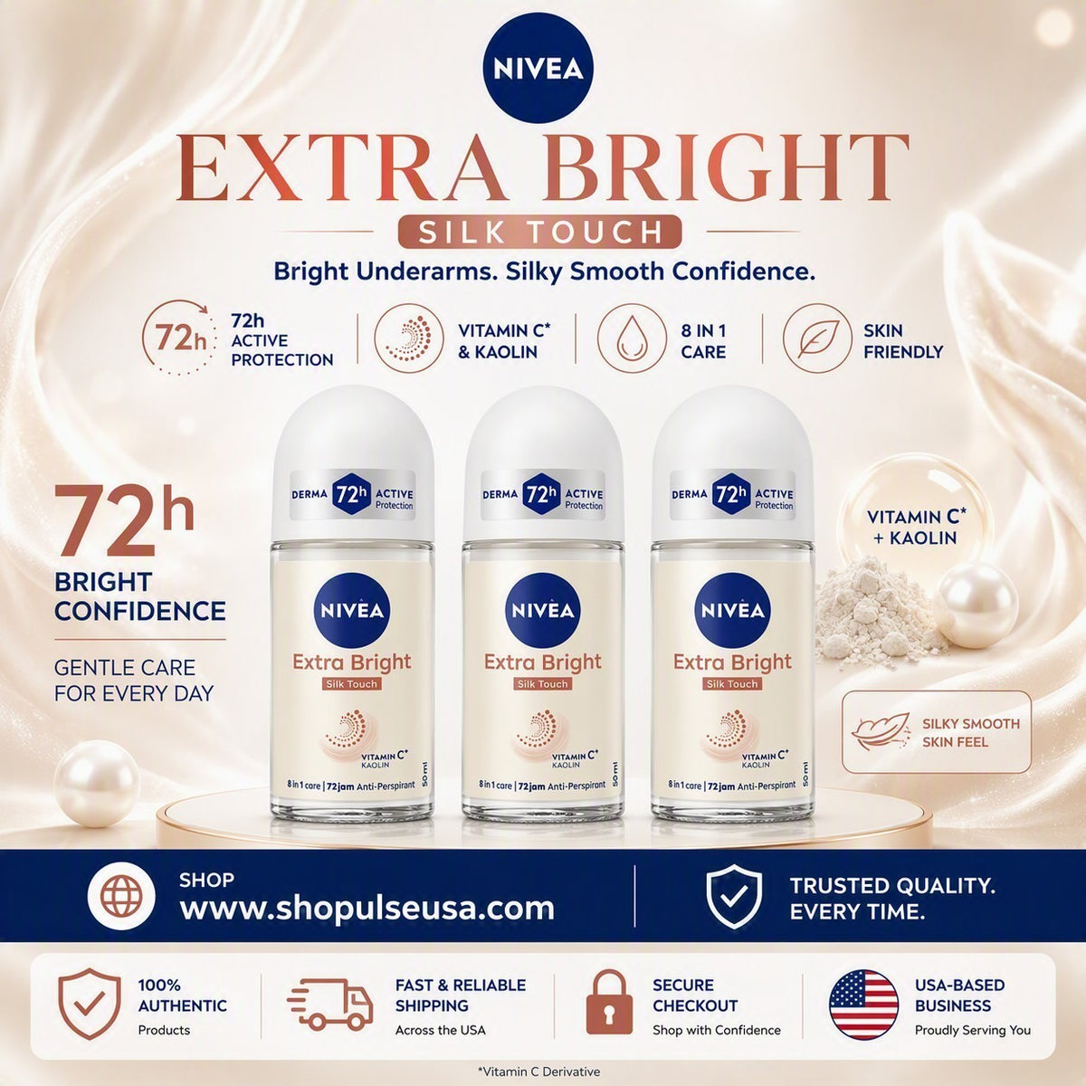 Nivea Extra Bright Silk Touch Anti-Perspirant Roll-On Deodorant 50ml 3 Pack