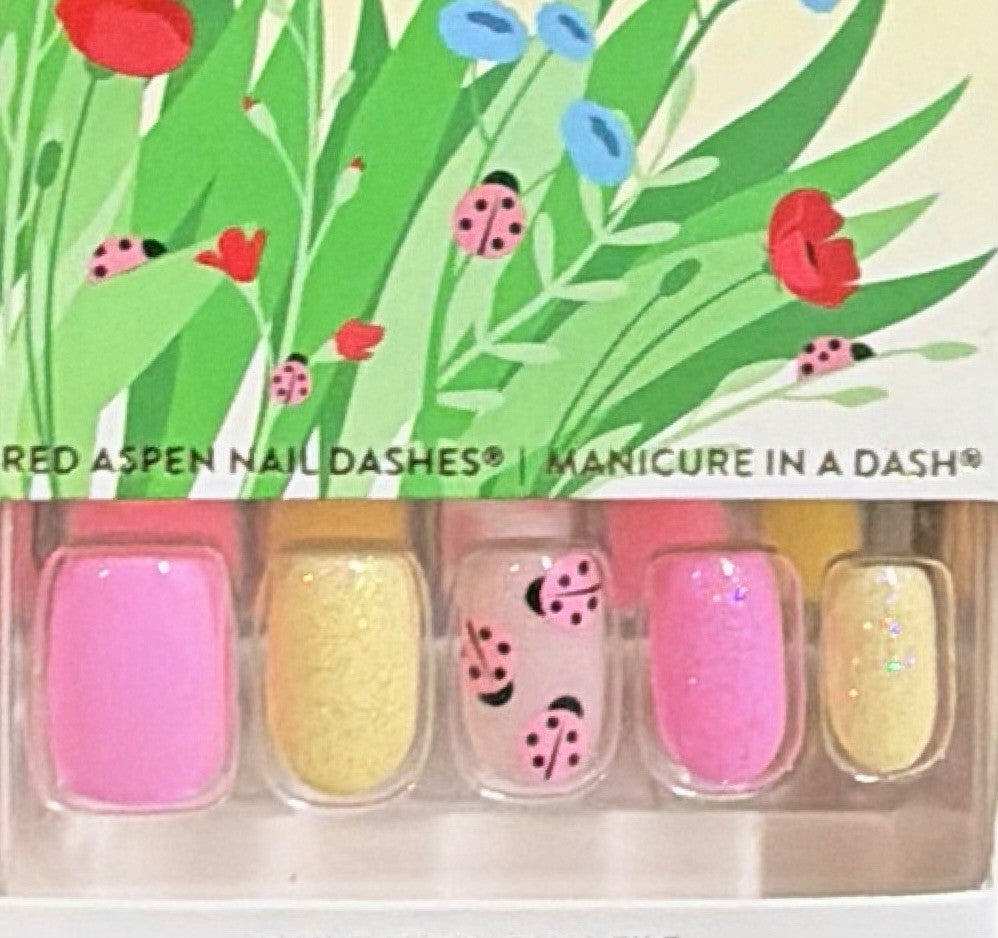 Red Aspen Press On Acrylic Nails Short Squoval Lilies & Ladybugs Luna