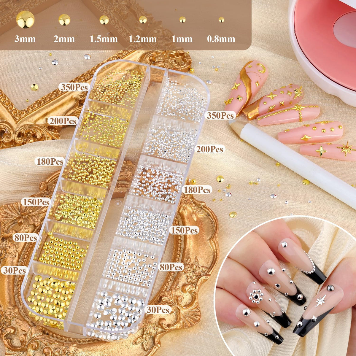 3D Star Nail Charms Set - Gold & Silver Metallic Nail Art Gems with Tweezers