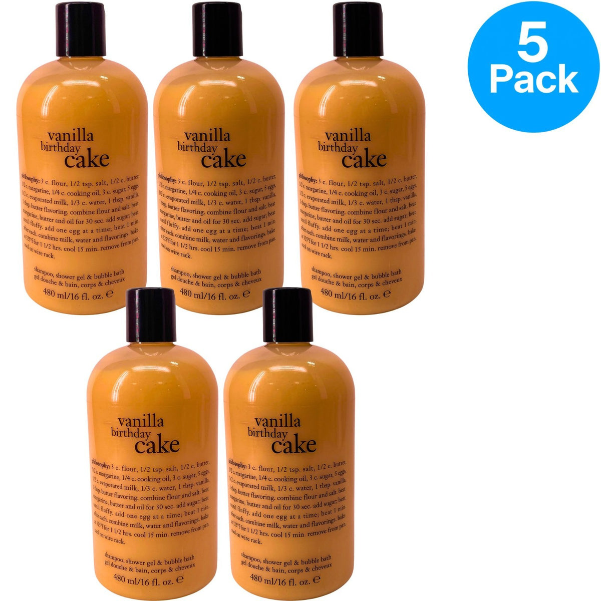 Vanilla Birthday Cake 3-in-1 Shampoo Shower Gel & Bubble Bath 16 oz - 5 Pack