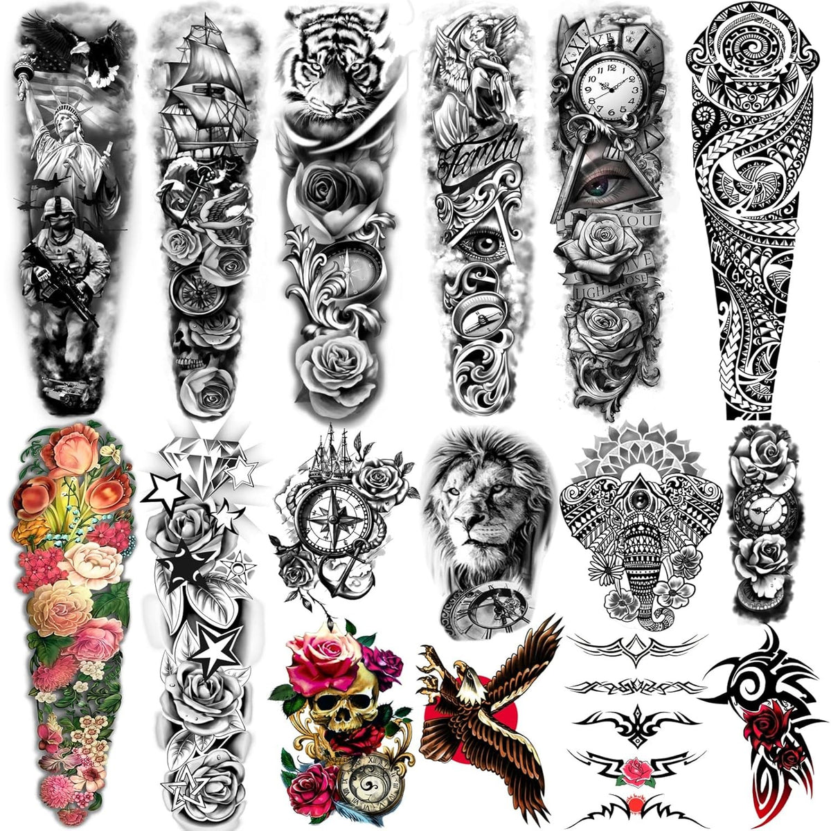 Extra Large Temporary Tattoos - 8 Sheets Full Arm & 8 Sheets Half Arm, Waterproof & Long-Lasting
