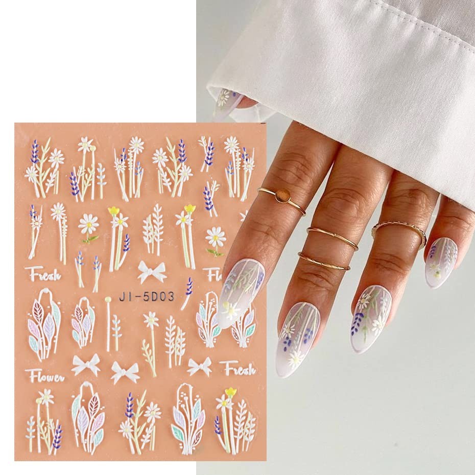 3D Embossed Flower & Leaf Nail Art Stickers Set - Self-Adhesive Decor