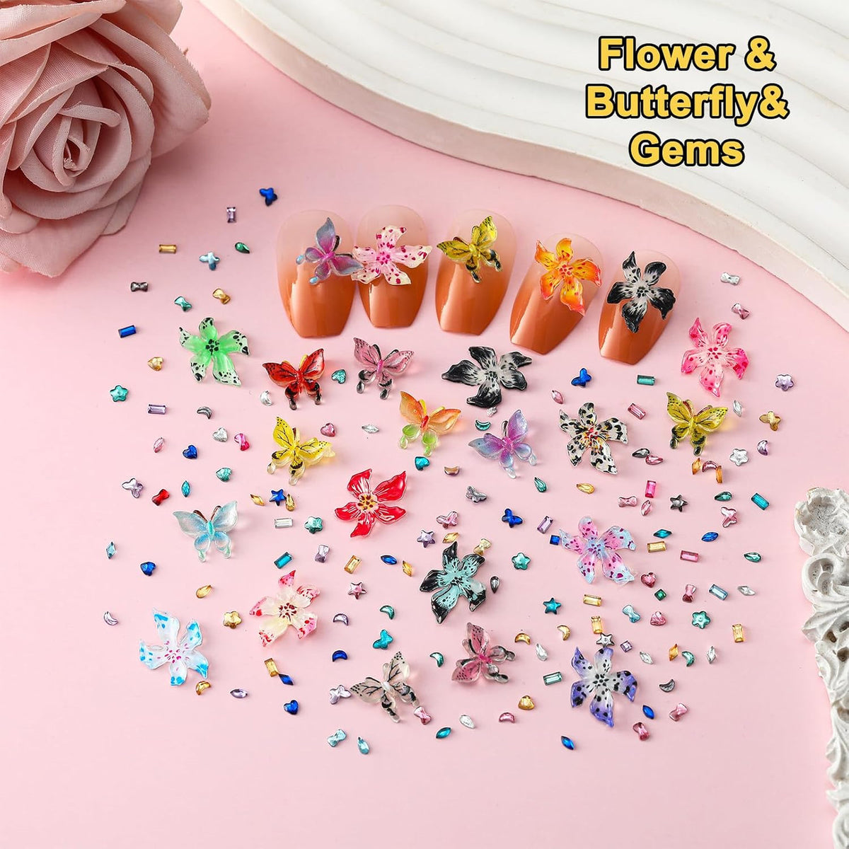 8000Pcs Nail Charms and Gems Set for Nail Art DIY Crafts - Butterfly, Star, Moon, Flowers, Bows, Gold Finish