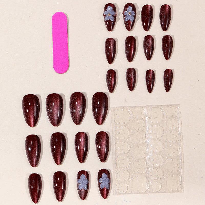 48Pcs Brown Cat Eye Floral Almond Fake Nails - Trendy Press-On Manicure