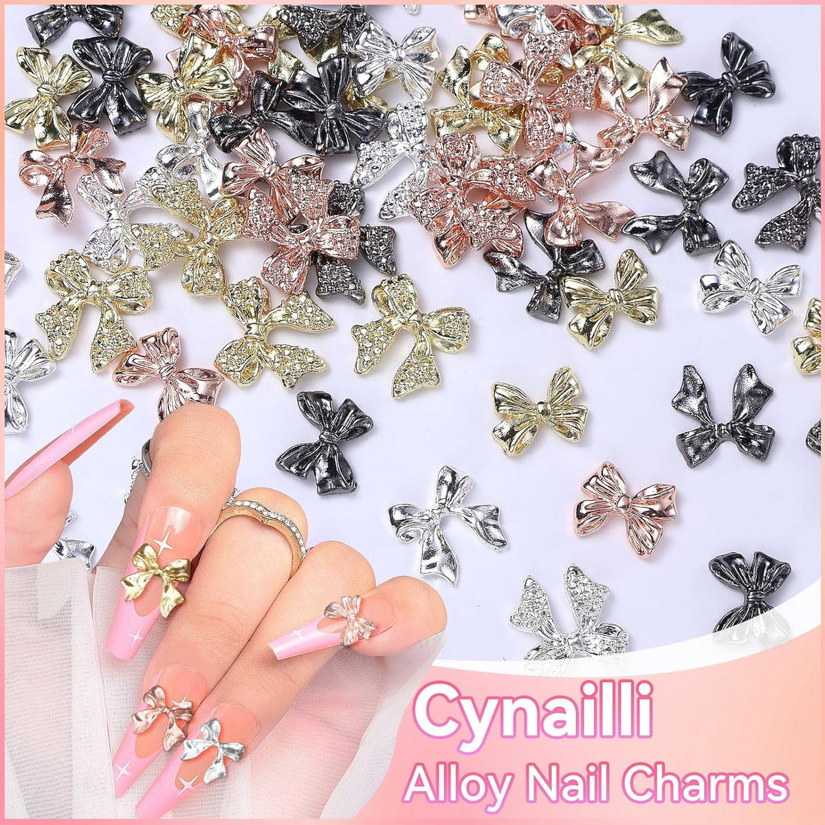 Metal Bow Nail Charms 60 Pcs for Nail Art - 12 Styles Silver Gold Black