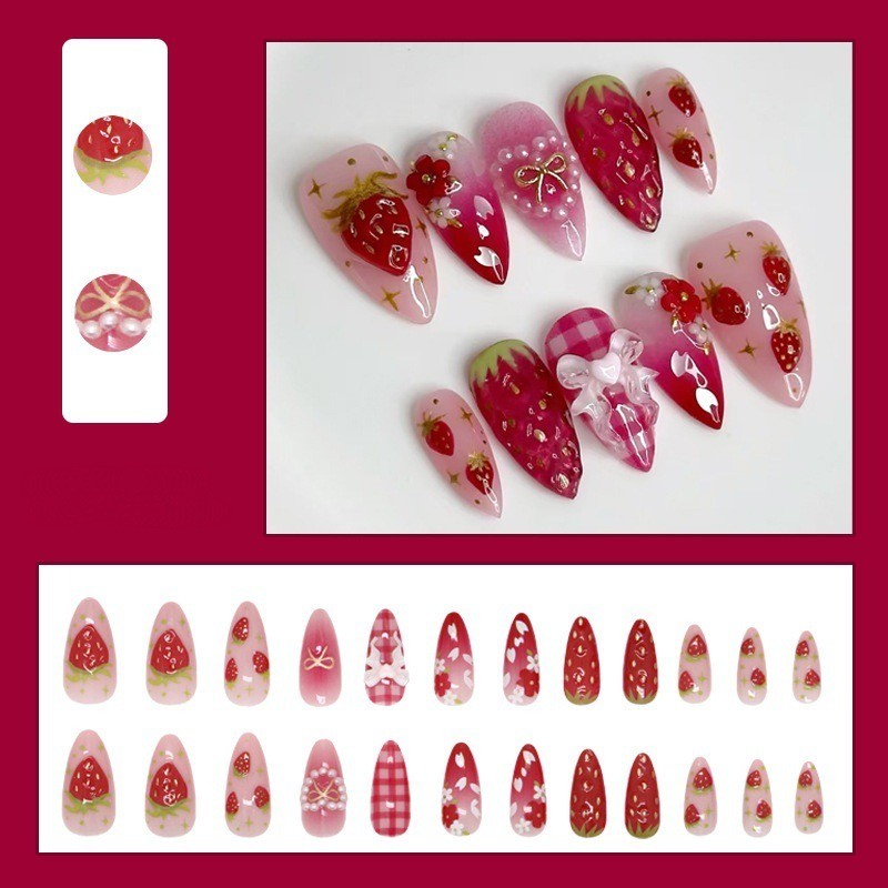 48Pcs Kawaii Press-On Nails with 3D Strawberries & Gradient Tips - Fake Nails