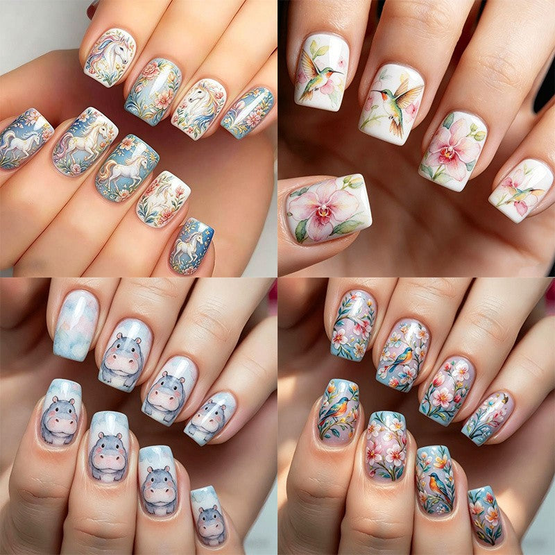 96Pcs Short Square Nail Set with Hand Painted Unicorn Hippo Hummingbird & Flowers