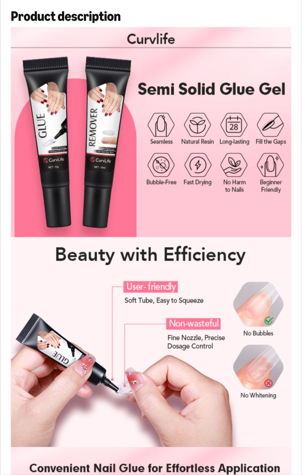 Semi Solid Nail Glue with Remover Kit - Fast Drying 10G + 15ml