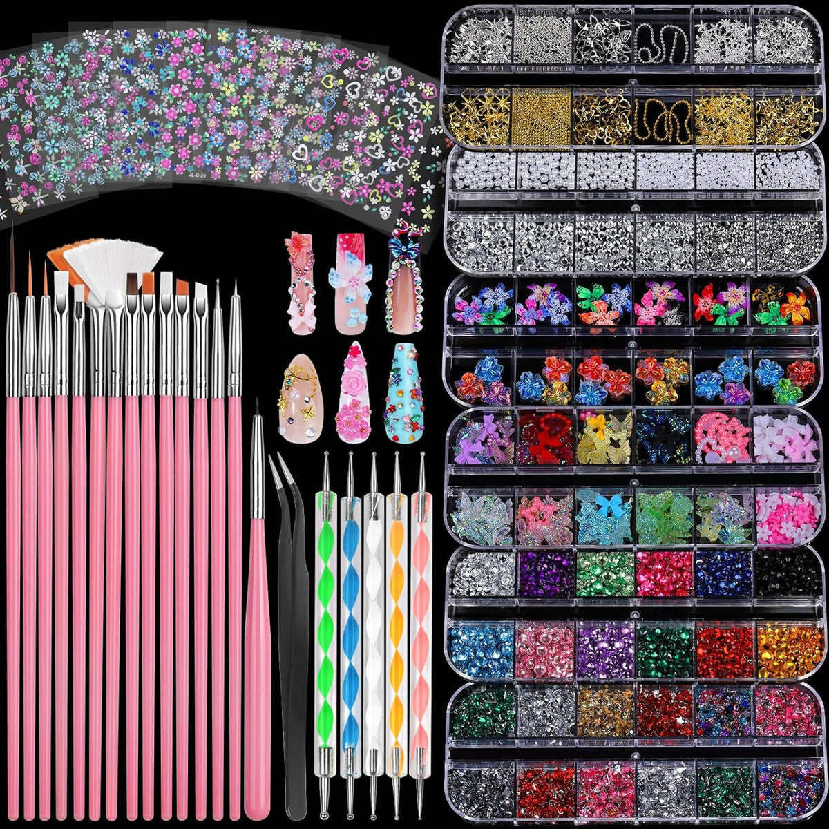 Complete Nail Art Kit with Brushes Rhinestones Charms Stickers for DIY Manicure