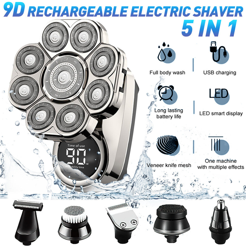 Cordless 9D Electric Head & Beard Shaver Wet Dry Bald Razor Grooming Set
