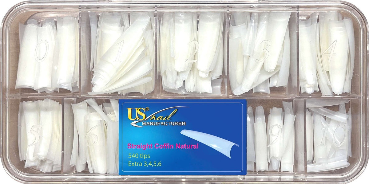 US Nail Manufacturer Extra Coffin Natural Nail Tips - 540 Pieces, 11 Sizes
