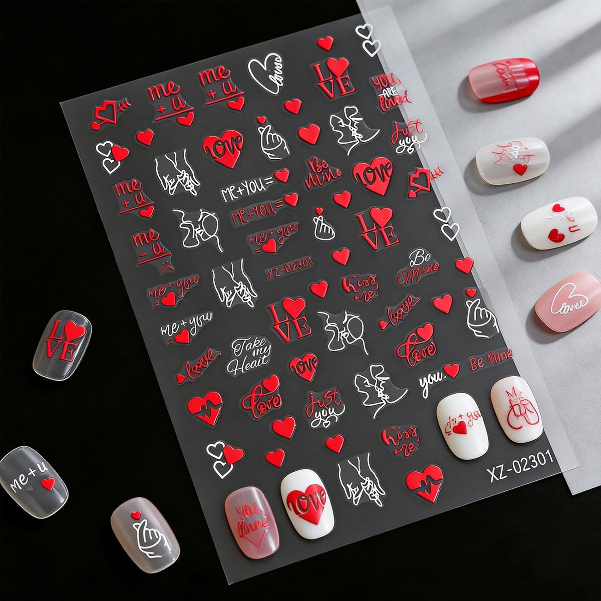 Valentine's Day Nail Stickers 3D Red Heart & Love Decals Set - Romantic Nail Art