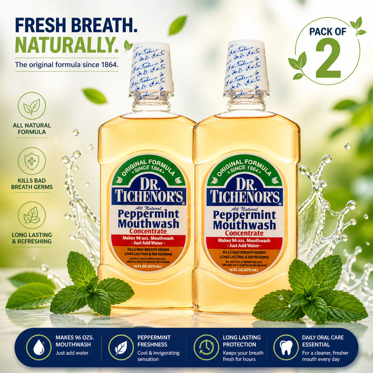 Peppermint Mouthwash Concentrate - Natural Fluoride-Free Oral Care, Pack of 2