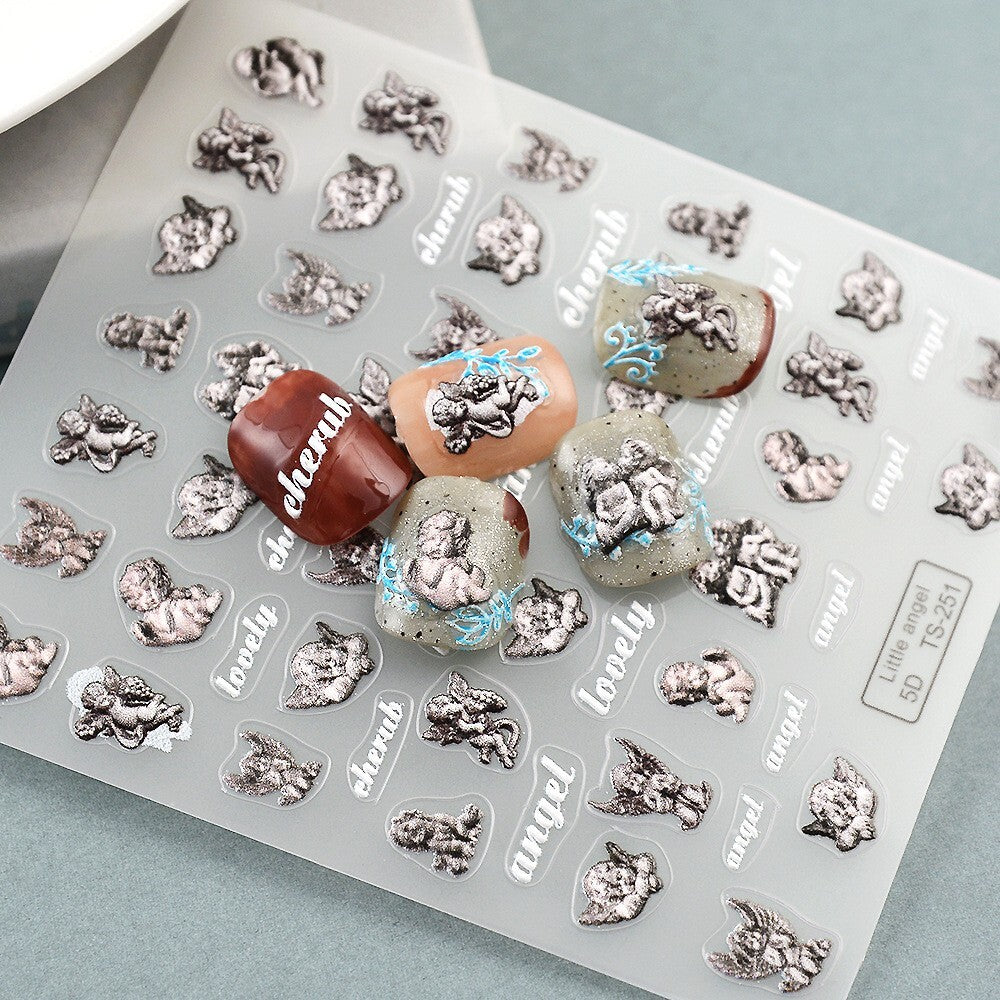 Self-Adhesive 5D Angel Nail Art Stickers, Embossed Nail Decals for Manicure