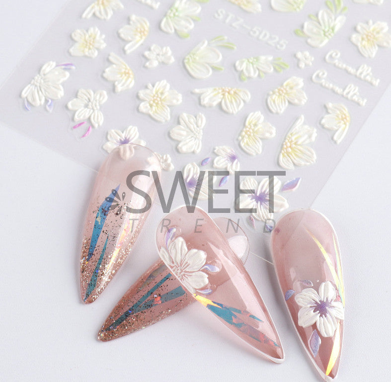 White 5D Embossed Camellia Flower Nail Decals - Manicure Stickers Set