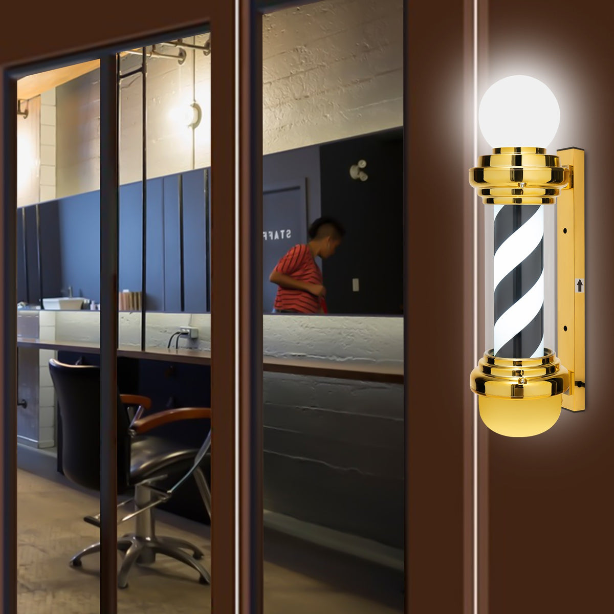 Waterproof LED Barber Pole Light with Rotating Sign for Hair Salon - Black, White, Gold