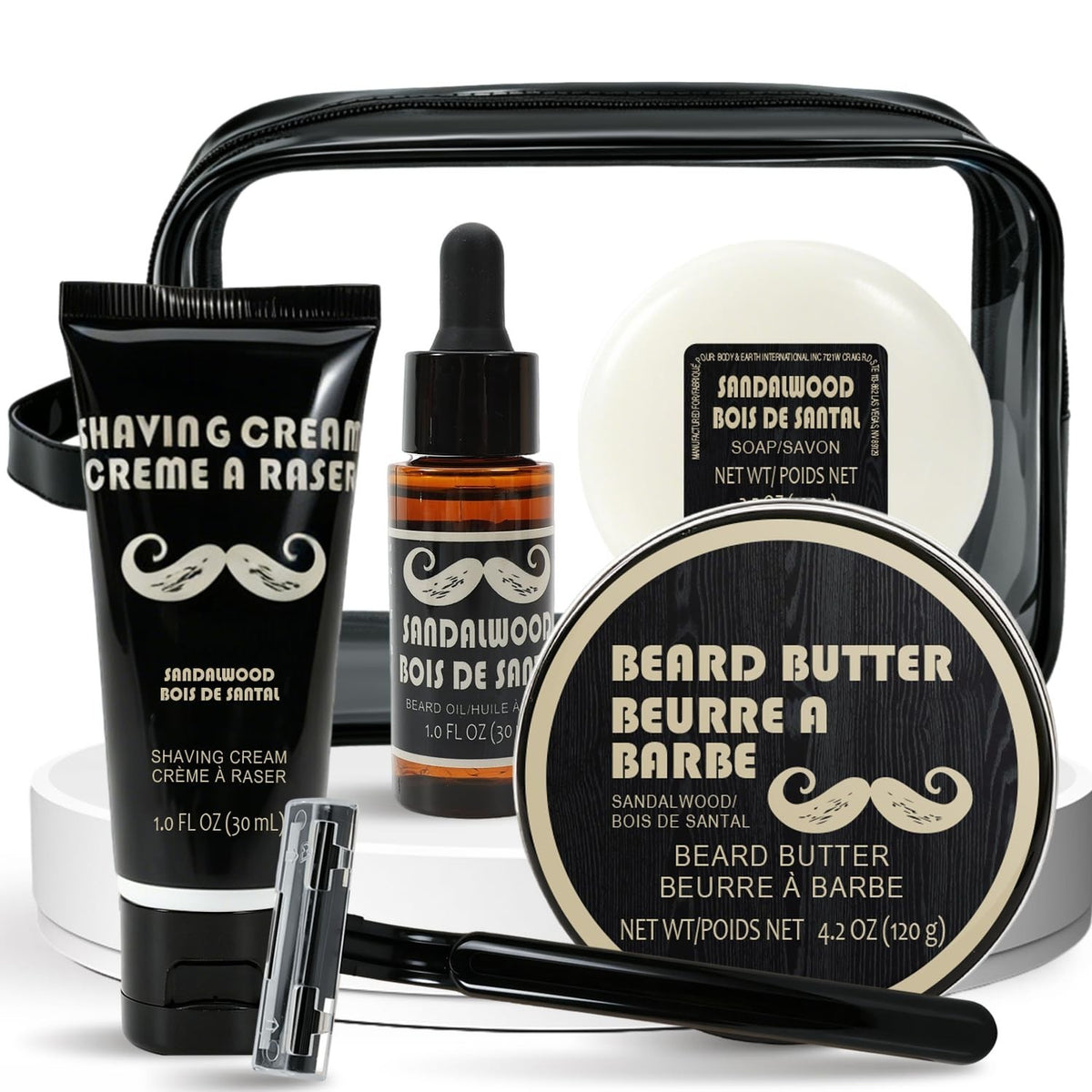 Men's Beard Grooming Kit with Sandalwood Shaving Set - 6 Pieces
