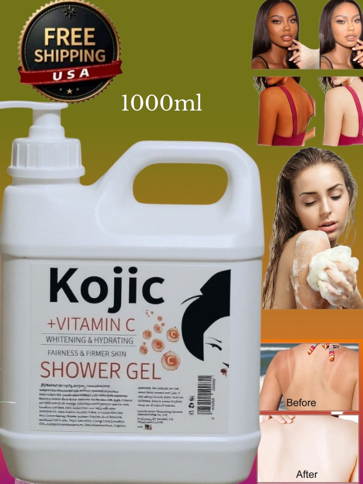 Kojic Acid Skin Whitening Shower Gel & Brightening Body Lotion Set - 1500ml + 500ml