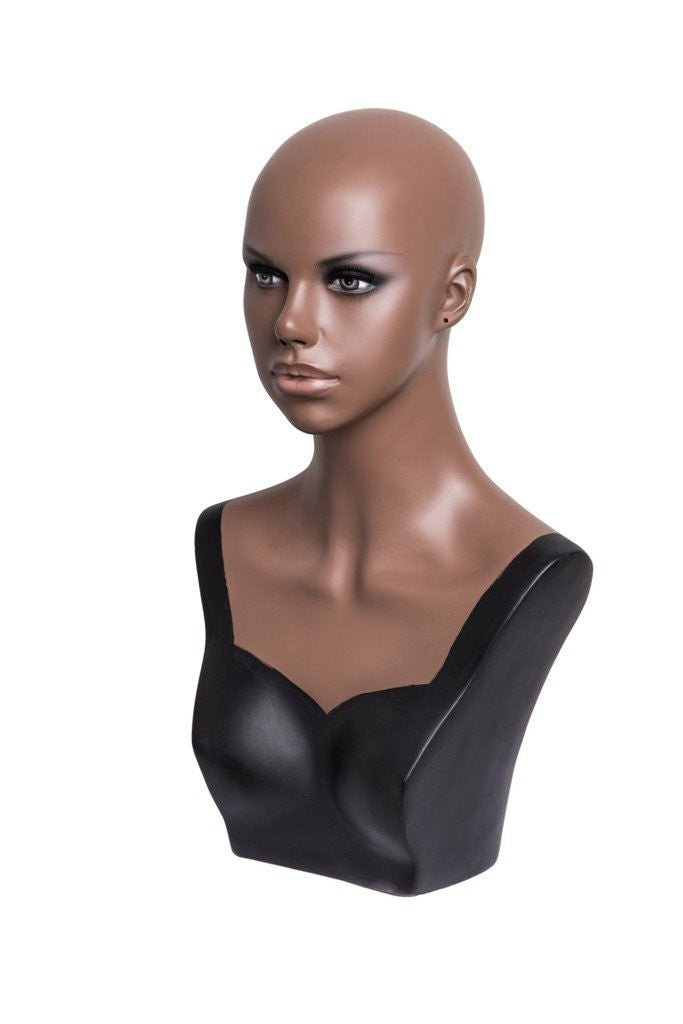 Fiberglass Mannequin Head for Display - Dark Skin, 21 Inch, Realistic Makeup