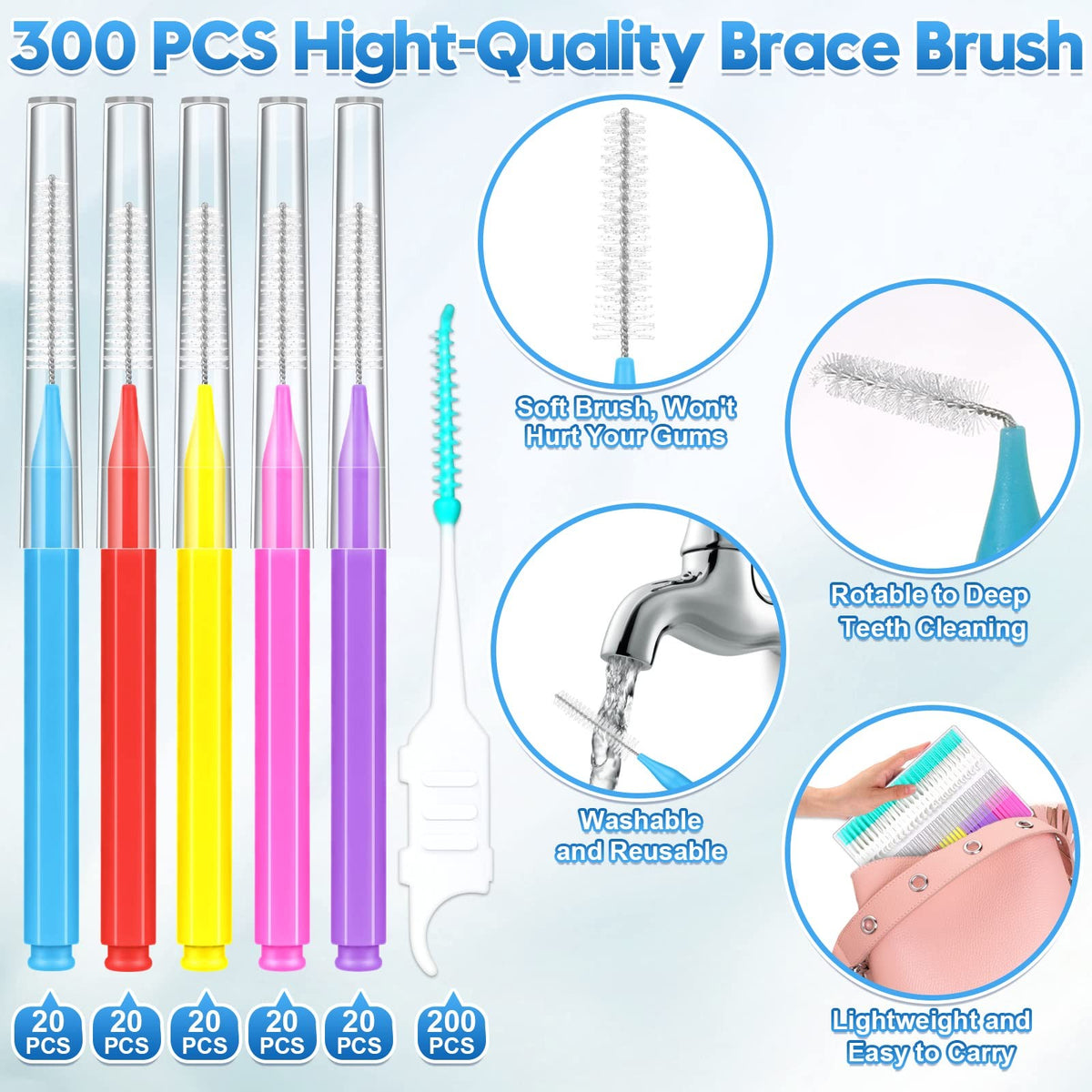 Interdental Brushes for Braces - 300 Pack Multi-Size Oral Care Set