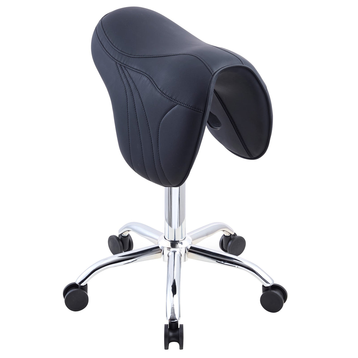 Adjustable Black Saddle Salon Stool with Swivel Wheels & Hydraulic Height