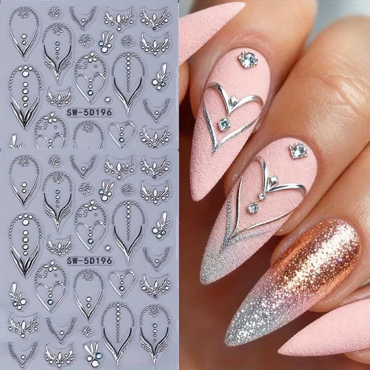 French Nail Art Stickers with 3D Rhinestones & Embossed Designs - 2PCS