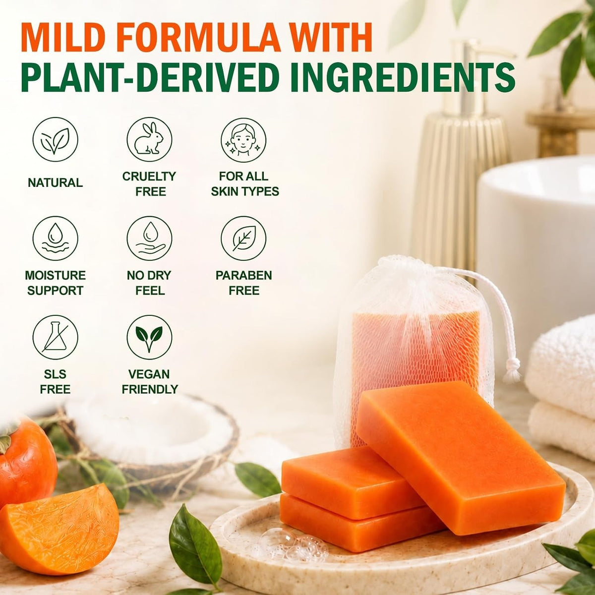 Natural Persimmon Soap Bars 80g Pack - Gentle, Hydrating Full-Body Cleanser