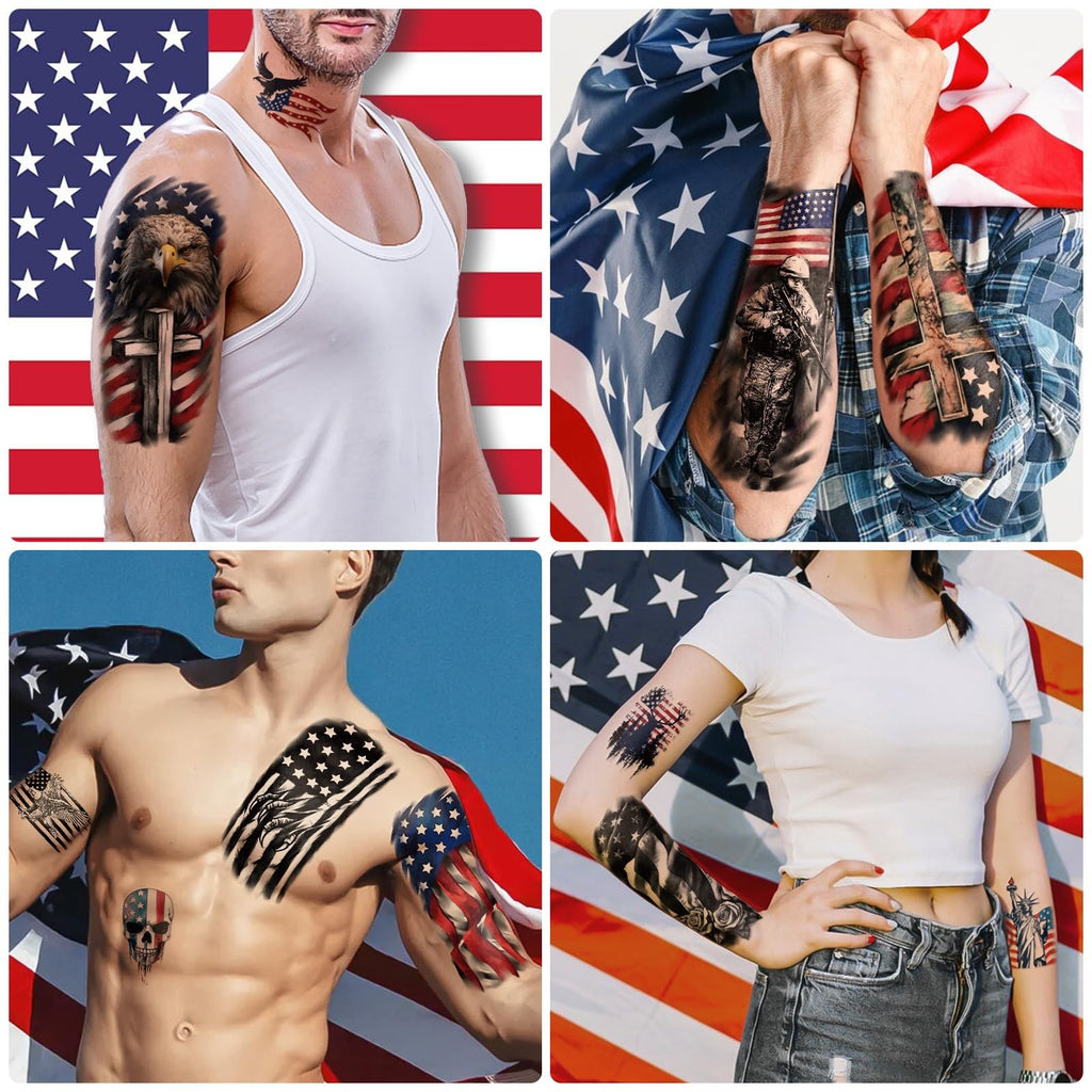 Patriotic Temporary Tattoos - 77 Sheets USA Flag & Fireworks Designs Waterproof