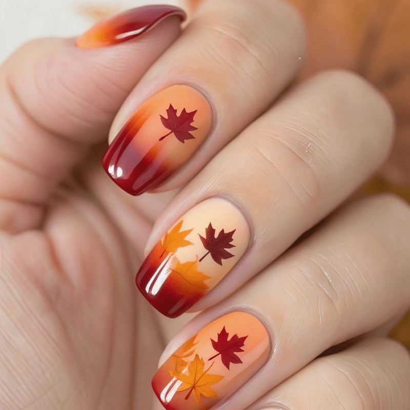 48 Pcs Maple Leaf Gradient Short Square Press-On Nails for Autumn