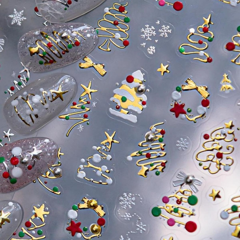 Christmas Tree Nail Stickers Gold Nail Art Decals with Pearls - Festive Holiday Manicure