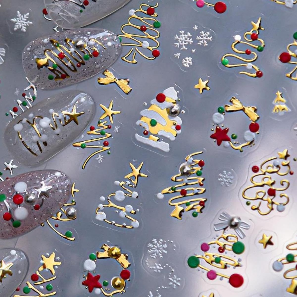 Christmas Tree Nail Stickers Gold Nail Art Decals with Pearls - Festive Holiday Manicure