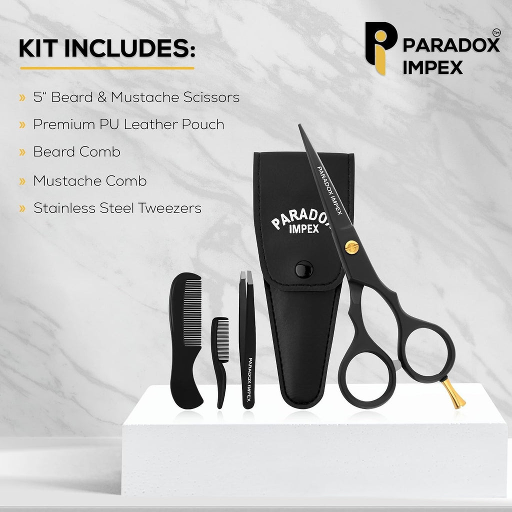 5-Inch Beard and Mustache Scissors with German Stainless Steel Blades, Pouch & Tweezers