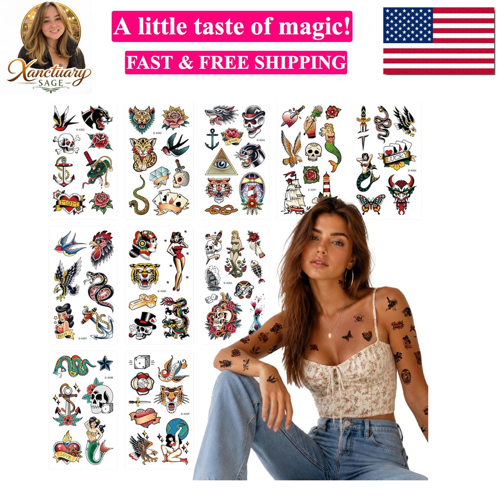American Traditional Temporary Tattoos Set 76 Sheets - Retro Realistic Body Art