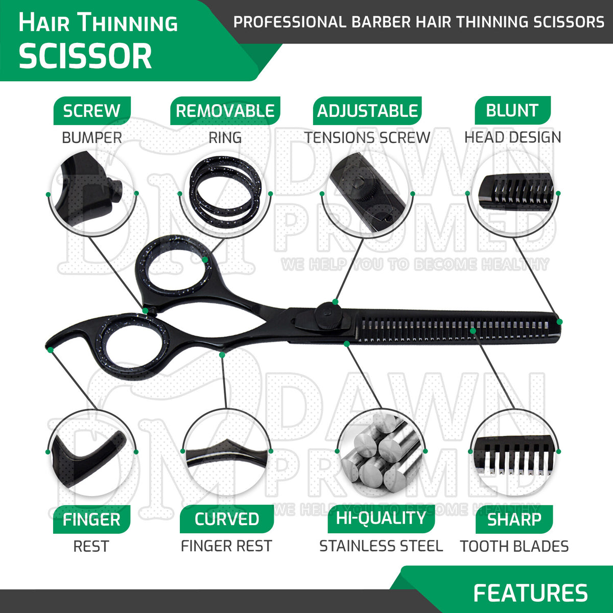 Professional 6.5 Inch Black Hair Cutting Thinning Scissors Set - Barber Shears with Plasma Coating