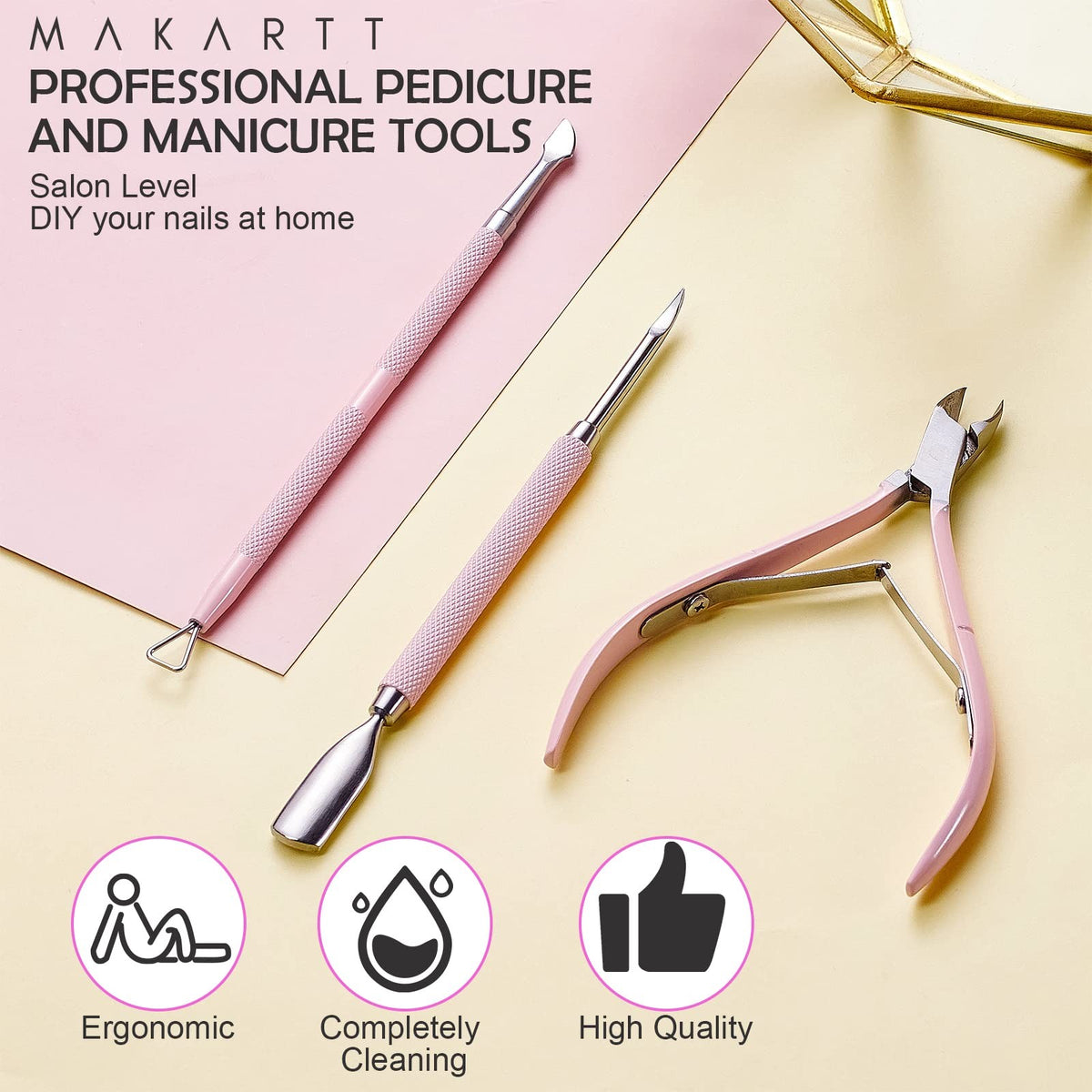 3-Piece Pink Nail Cuticle Nipper Set with Pusher - Stainless Steel Manicure Tools